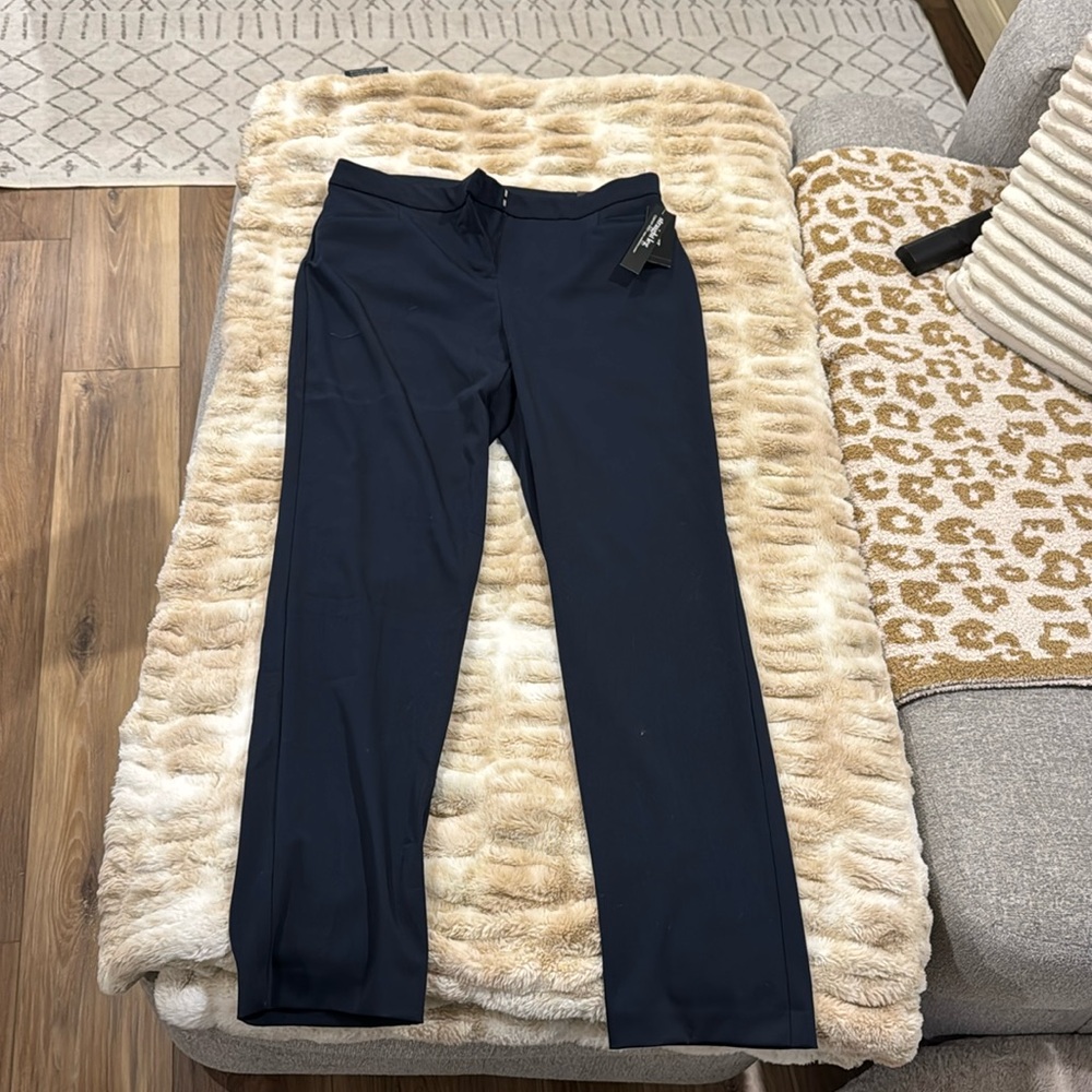 Navy blue straight leg pants with stretchy waistband